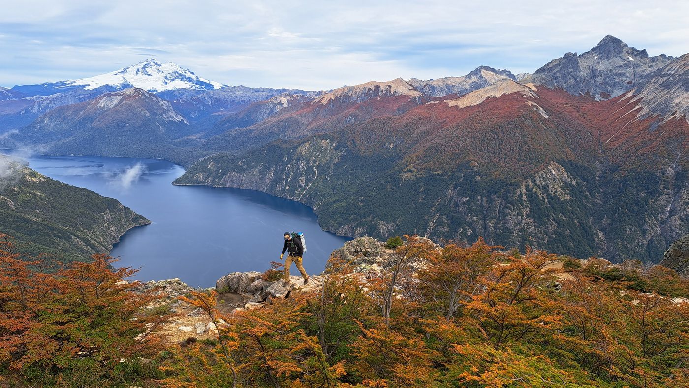 Caminante entre lengas de otoño sobre un lago